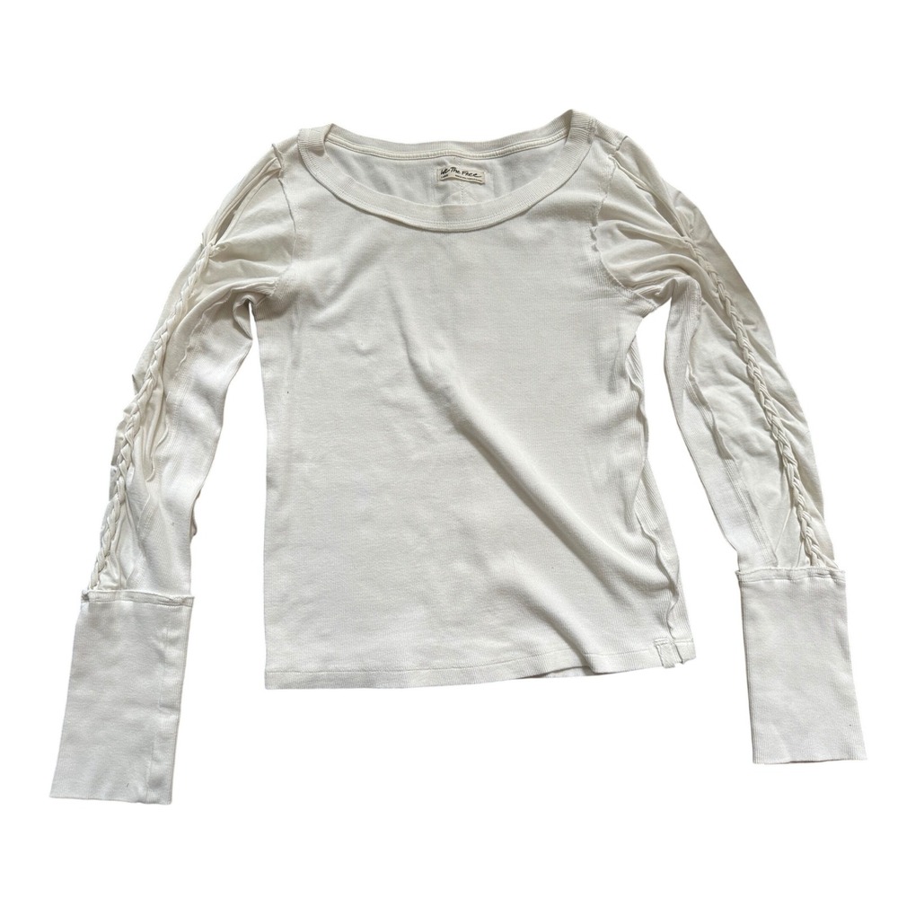 Free People We The Free Cream Thermal Long Sleeve Top w/ Braiding Detail Large